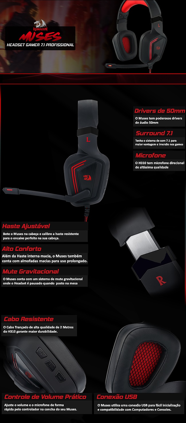 headset gamer redragon muses usb 7.1
